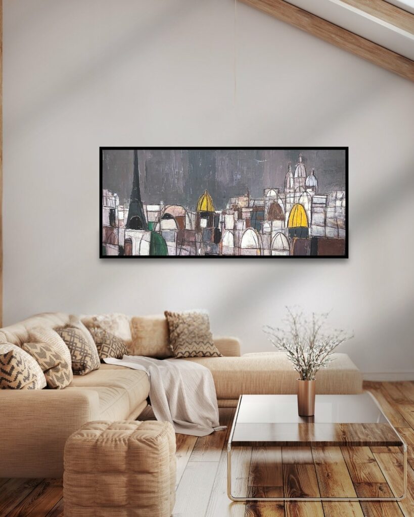 Artiste : Claude Venard Technique : Huile sur toile Titre : “ Les toits de Paris “, signé en bas à droite Dimensions : 194,5 X 96 cm