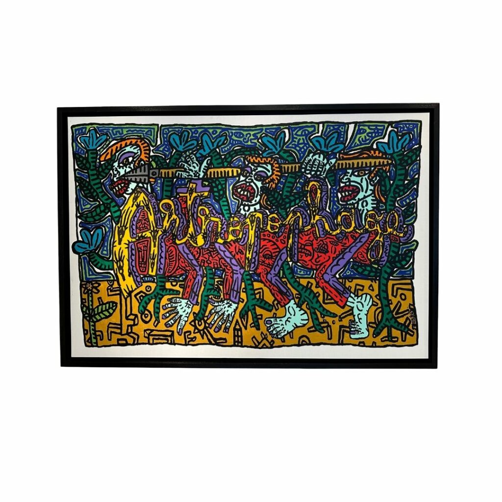 N° d'archives: 10715 Année : 2023 ARTROPOPHAGE Artropomorphe, mangeur d'art, suceur de formes, réorganisateur de quelque chose en autre chose. ACRYLIQUE SUR TOILE Signé en bas à droite à la verticale 138,5 x 204 cm Robert Combas galerie jaf